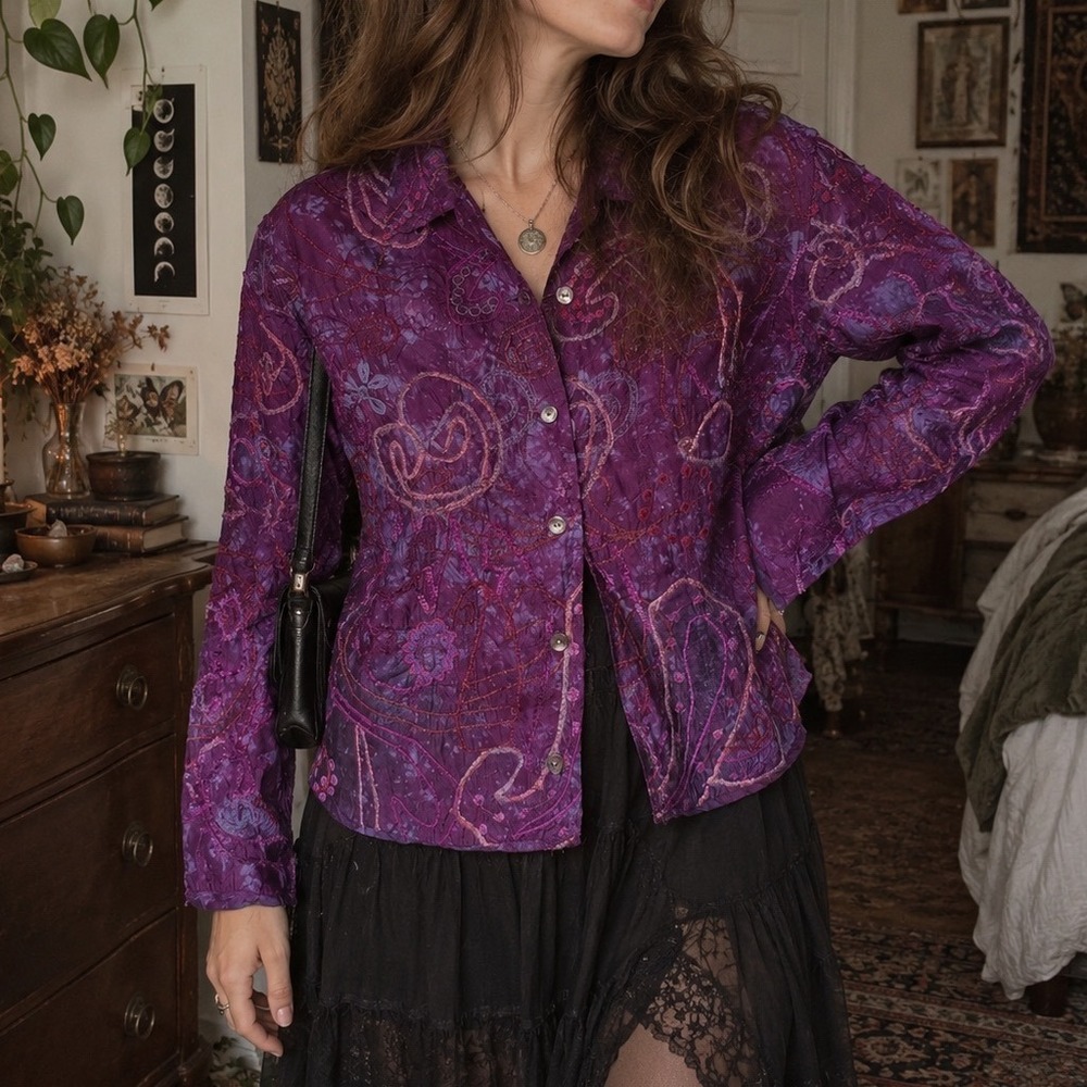 Chico's Button Down Shirt Womens 2 Purple Silk Embroidered Boho Whimsigoth Art